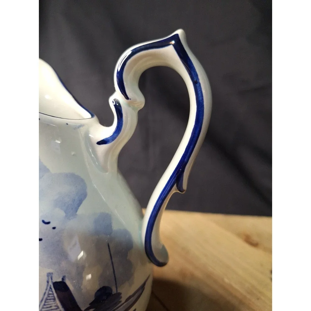 Delft Madfin Holland Blue White Windmill Pitcher Handpainted Vintage Ceramic 6+